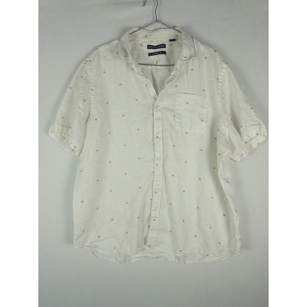Saks Fifth Avenue 100% Linen Shirt Mens XXL White Crab Print Coastal‎ Resort